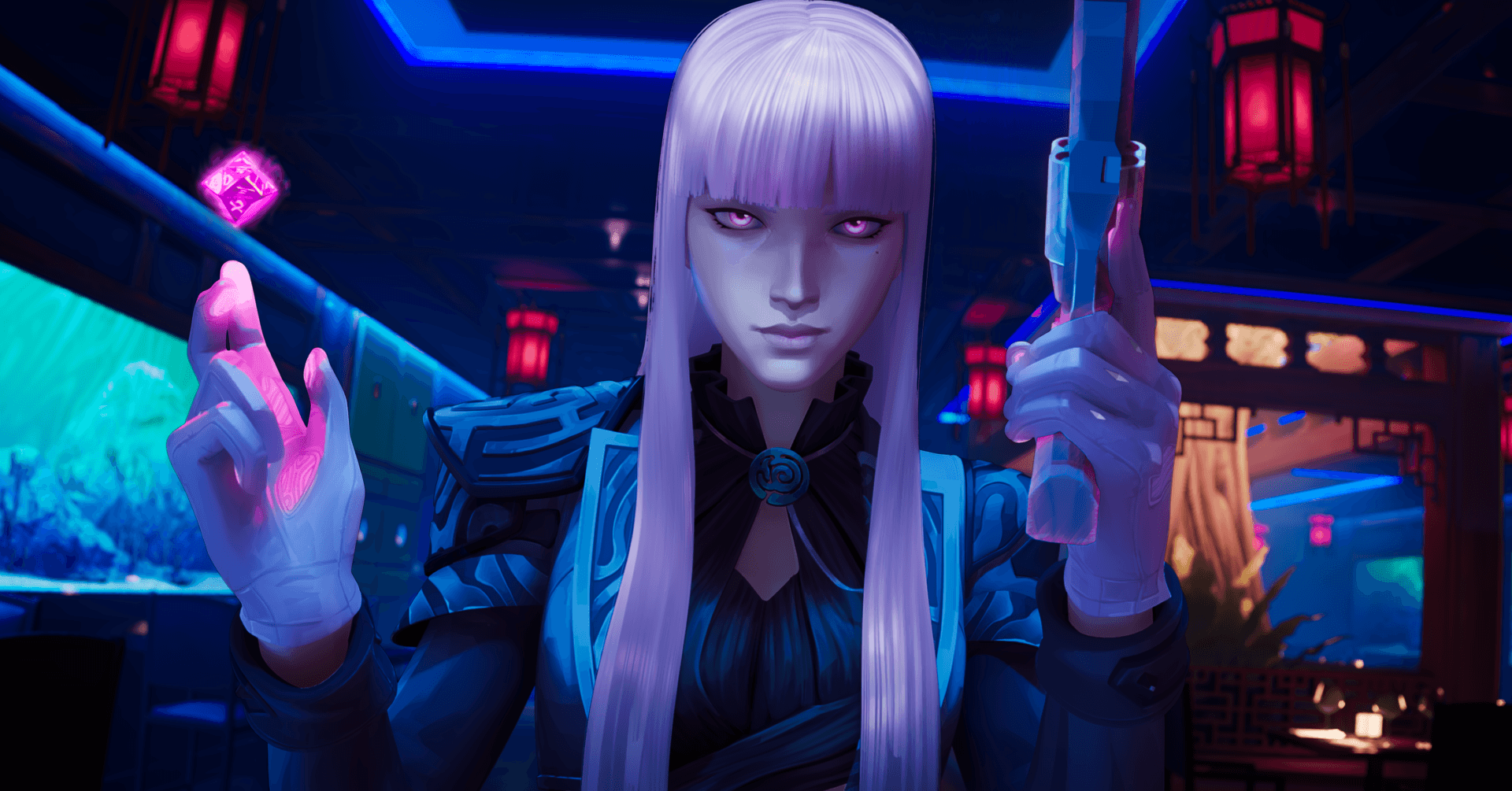 VALORANT new Duelist Hush holding a gun in a neon-lit room, still from official Riot Games reveal cinematic
