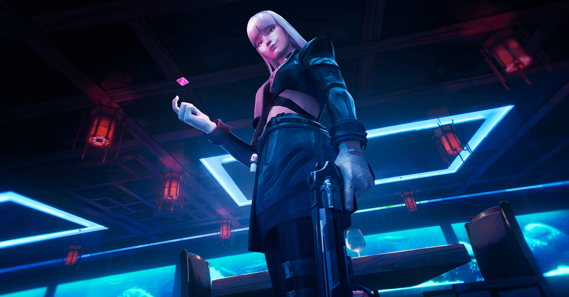 Full-body view of Hush in the October 2026 VALORANT cinematic, surrounded by neon lighting