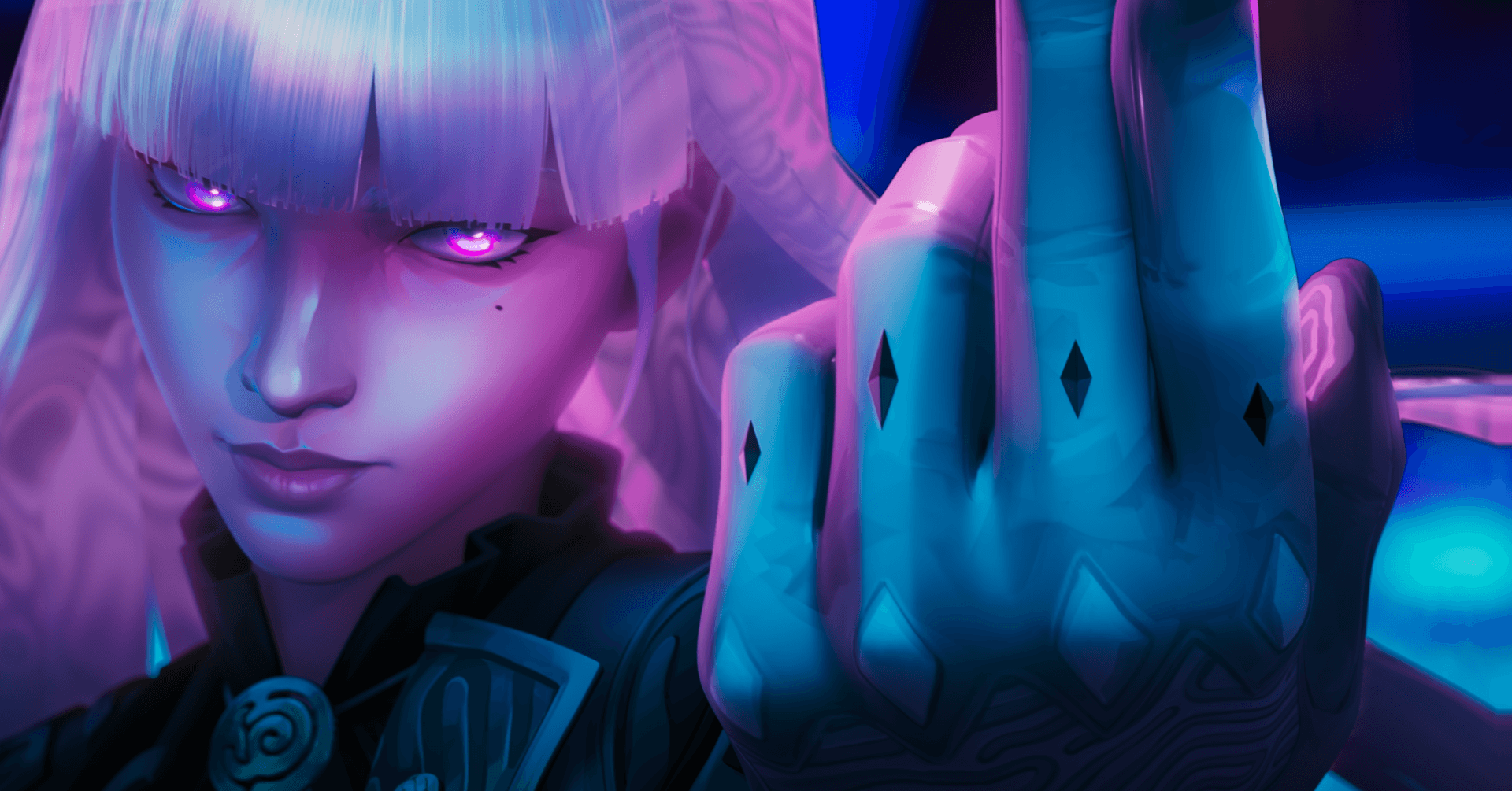 Close-up of Hush showing her violet eyes and telekinetic pose in official VALORANT reveal cinematic